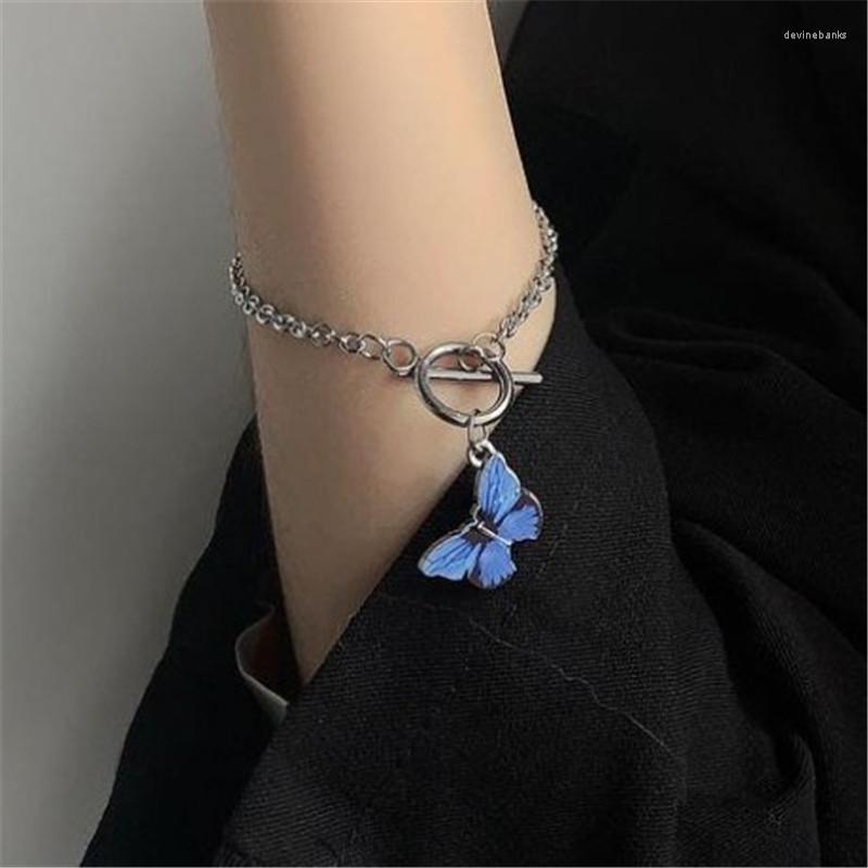 

Strand Blue Enamel Butterfly Bracelet Women Fashion Jewelry Gifts Charms Silver-color Metal Chain Drop Bracelets