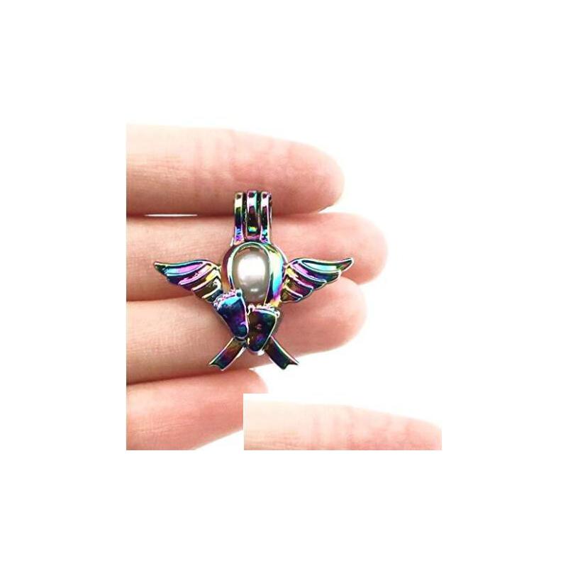 

Pendant Necklaces 10Pcs Angle Wing Foot Rainbow Color Cage With 18 Inch Chain Beads Oil Pearl Locket Necklace Drop Delivery Jewelry P Dhald