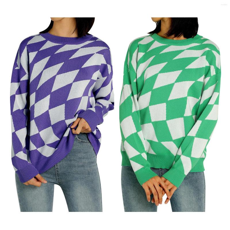 

Women' Sweaters Casual Loose Style Sweater Autumn Fashion Diamond Pattern Stitching Round Neck Long Sleeve Knitted Design Pullover, Green