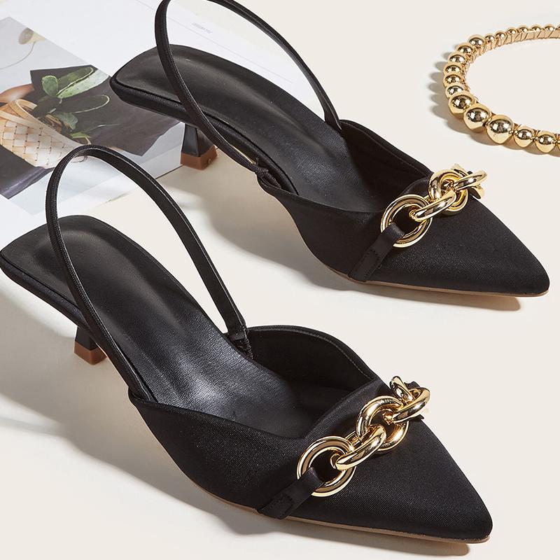 

Sandals Female Sandlas Mules Shoes Women High Heels Pointed Toe Metal Slides Fashion Thin Heel For Ladies Pumps, Black