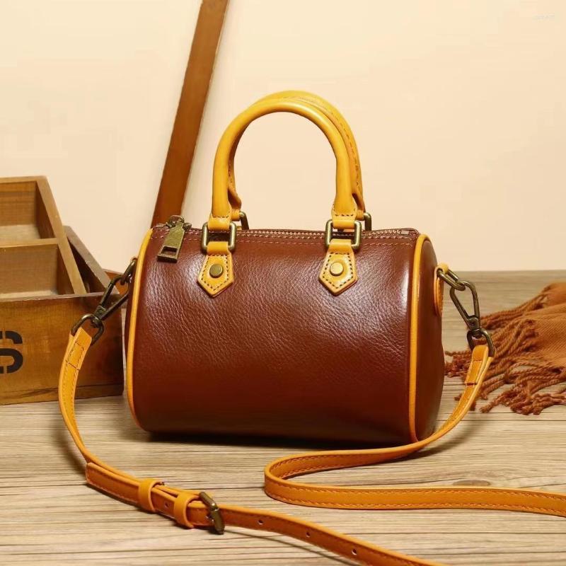 

Evening Bags Mini Women Genuine Leather Shoulder Retro Cowhide Handbag Purse Two-tone Female Crossbody Boston Pillow Bag Brand Tote, Brown