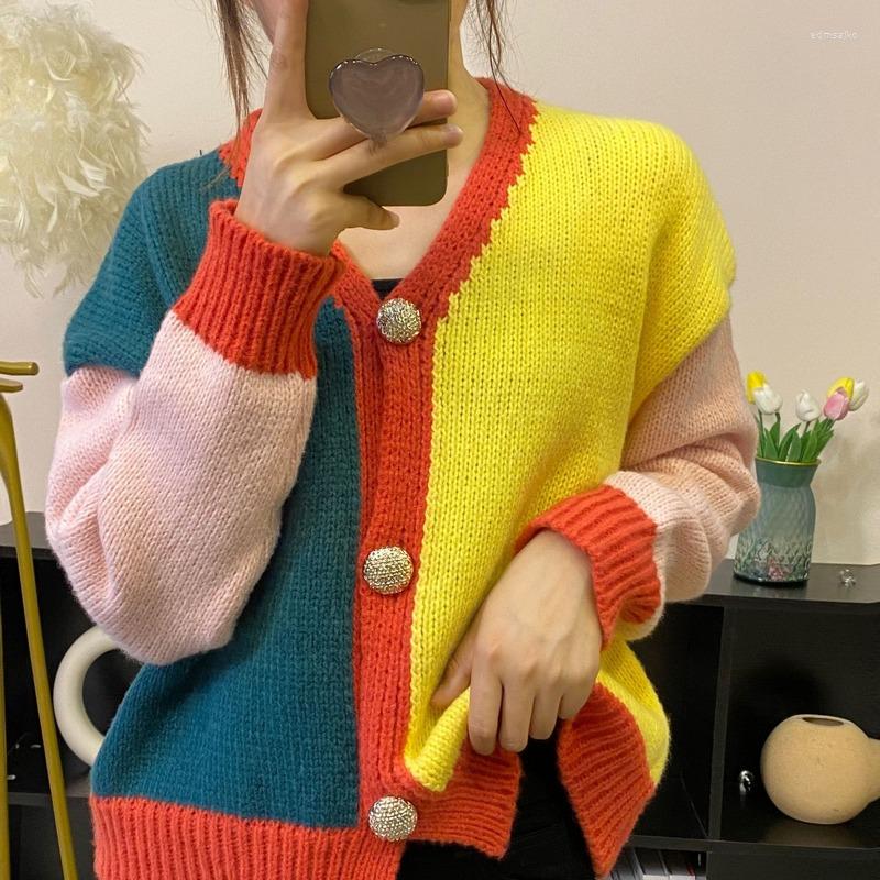 

Women's Knits Contrast Color Sweater Cardigan Coat Women's Autumn Knitted Loose Single-breasted, Blue
