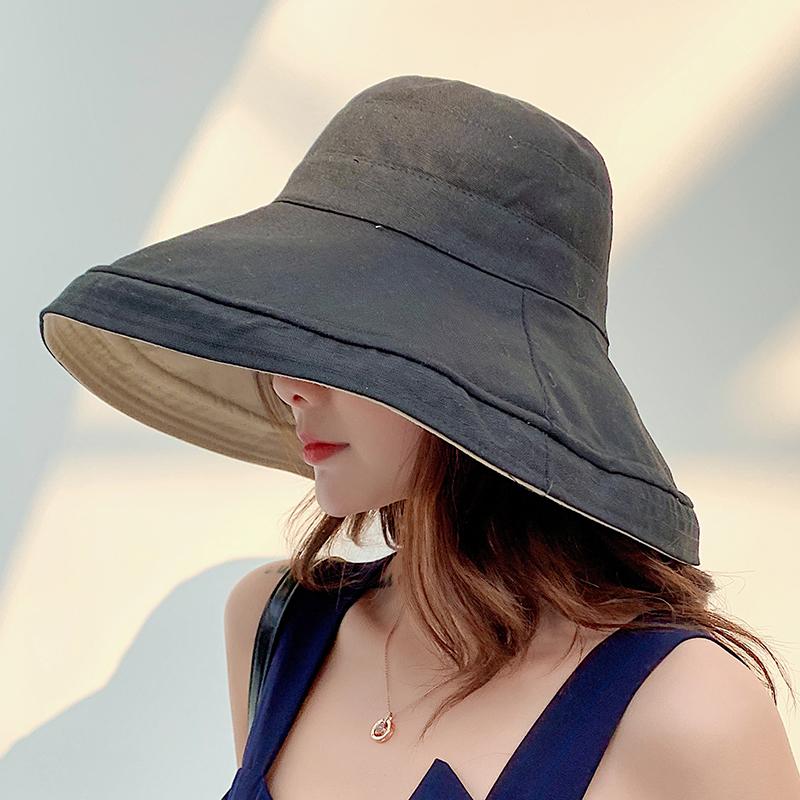 

Wide Brim Hats Anti-UV Cotton Linen Sun Hat For Women Vacation Summer Panama Foldable Bucket Large Korean Beach HatWide, Black