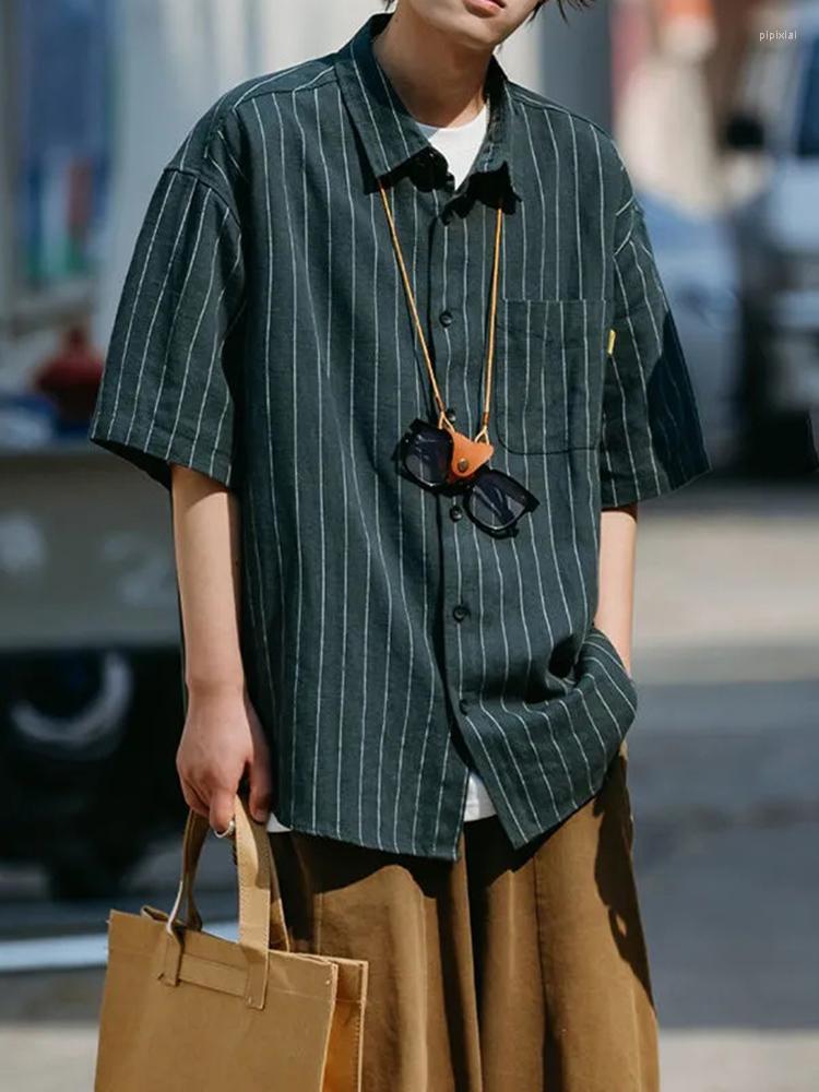 

Men's Casual Shirts 2023 Summer Japanese CityBoy Polo Stripe Loose Shirt Man Hong Kong Style Retro Couple Short Sleeve Men Clothing, Black