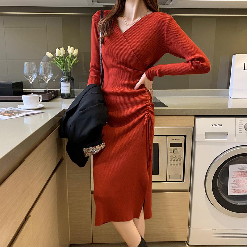 

Casual Dresses Knitted Long Sleeve Dress Women 2023 Slim Bodycon Autumn Korean Elegant Fall Winter V Neck Sweater Midi Ribbed X891, Red