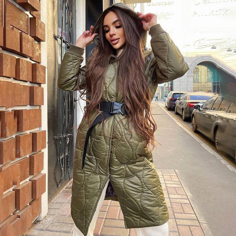 

Women's Down YANA Fashion Hooded Parkas Women Elegant Wavy Quilted Covered Button Coats Solid Tie Belt Long Cotton Jackets Ladies, Green
