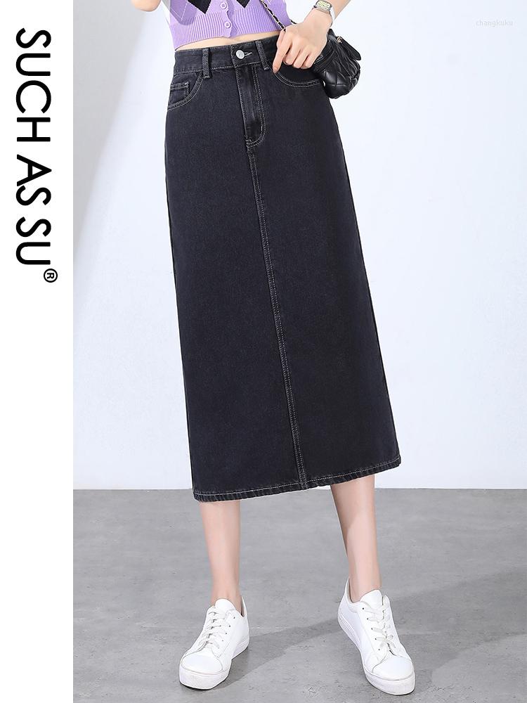 

Skirts SUCH AS SU Korean 2023 Denim Sexy Split Black Slim High Waist Straight Skirt Mid Long Pockets -3XL Women Jean 7182, Black skirt