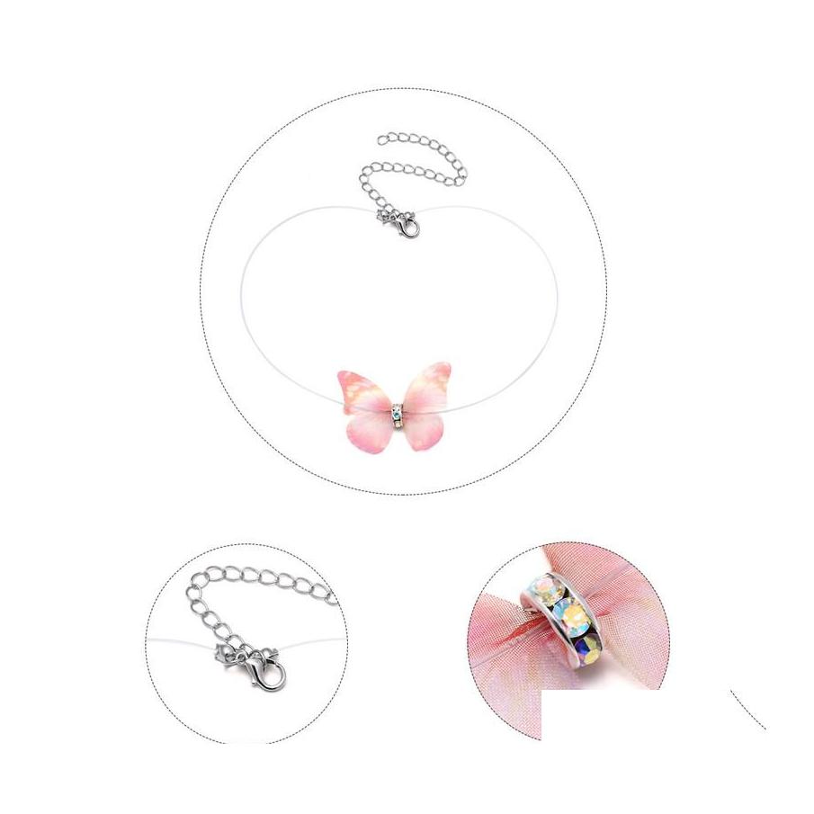 

Pendant Necklaces Fashion Crystal Colorf 3D Butterfly Chokers Necklace Invisible Fish Line Silk For Elegant Women Gift Wholesale Jew Otcdq