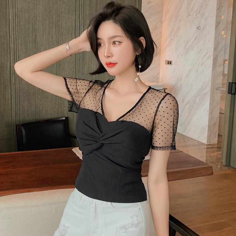 

Women' T Shirts Arrival Fashion Short Tops Women Summer Casual V-neck Sleeve Sexy Perspective Temperament Simple Wild Trend Slim, Black