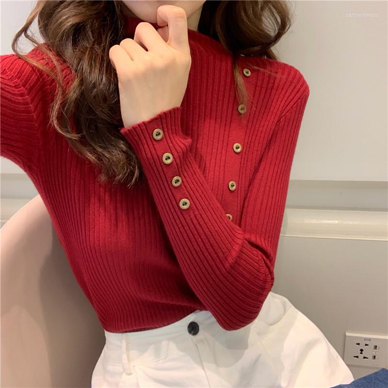 

Women's Sweaters Women Mock Neck Sweater Button Solid Color Fashionable Spring Autumn Female Knitted Pullover Long Sleeve Slim Knitwear Soft, Black