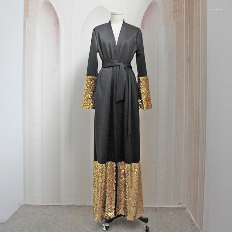 

Ethnic Clothing Robe Femme Musulmane 2023 Middle East Sequins Black Abaya Dubai Arab Fashion Lace-up Simple Abayas For Women