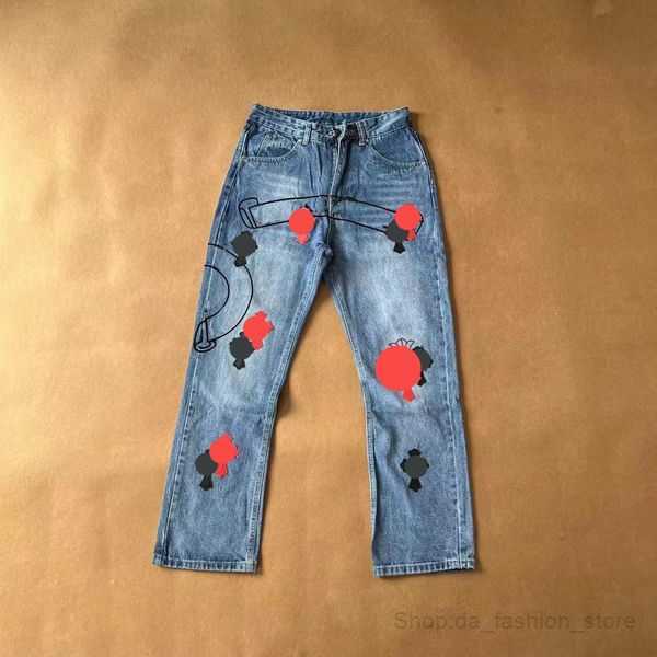 

Designer Mens Jeans Ch Washed Into Old Straight Jean Hearts Splash-ink Loose Cross Printed Casual 43size 28-36