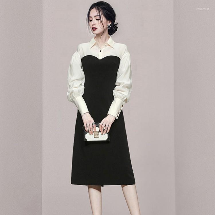 

Casual Dresses Spring Fashion Hit Color Patchwork Lantern Sleeve Office OL Party Dress Female High Waist Slim A-Line Midi Vestidos, Photo color
