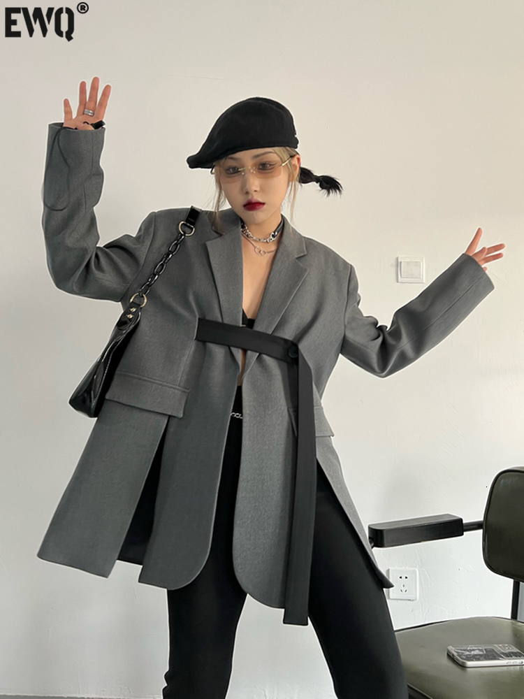 

Women's Suits Blazers EWQ Streetwear Notched Collar Single Breasted Hem Slit Belt Design Trend Ladies Clothing Gray Blazer Coat Women 2023 Spring 230203, Black