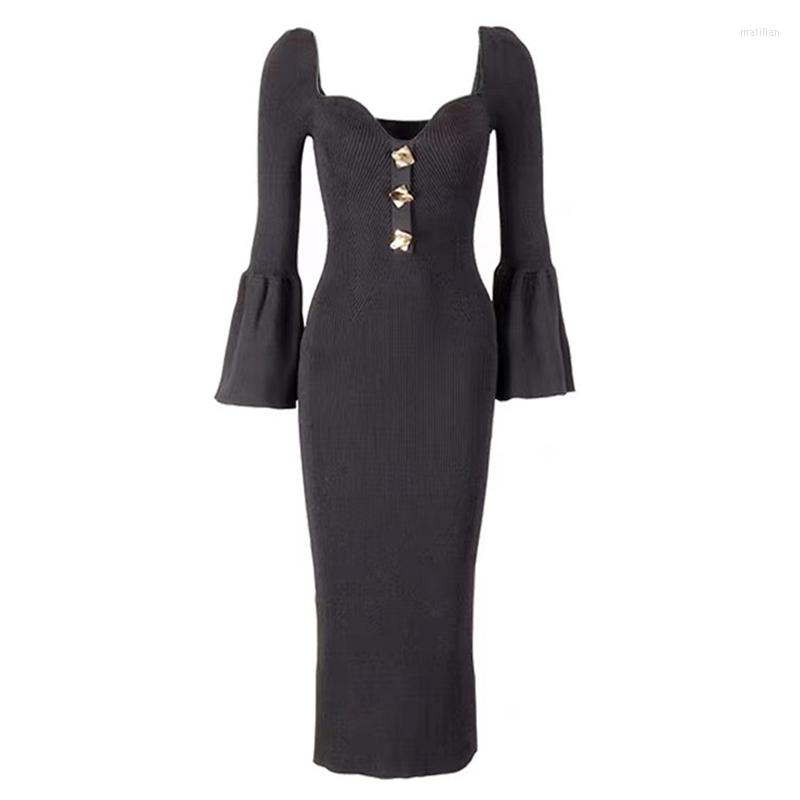 

Casual Dresses Spring 2023 Fashion Style Knitted Women Midi Dress Flare Sleeve Anti-Slip Square Collor Buttons Elastic Slim Female, Black