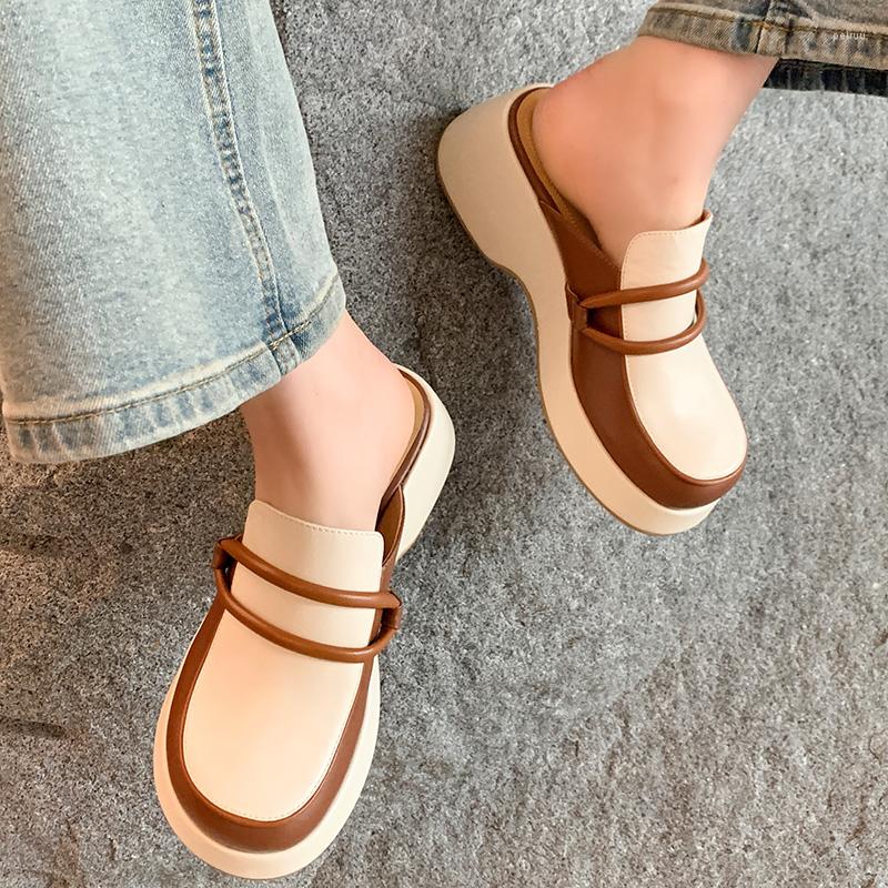 

Slippers Lady Fashion Shoes Spring Autumn 2023 Genuine Leather Mules Women Thick Heel Sandals S4243, White