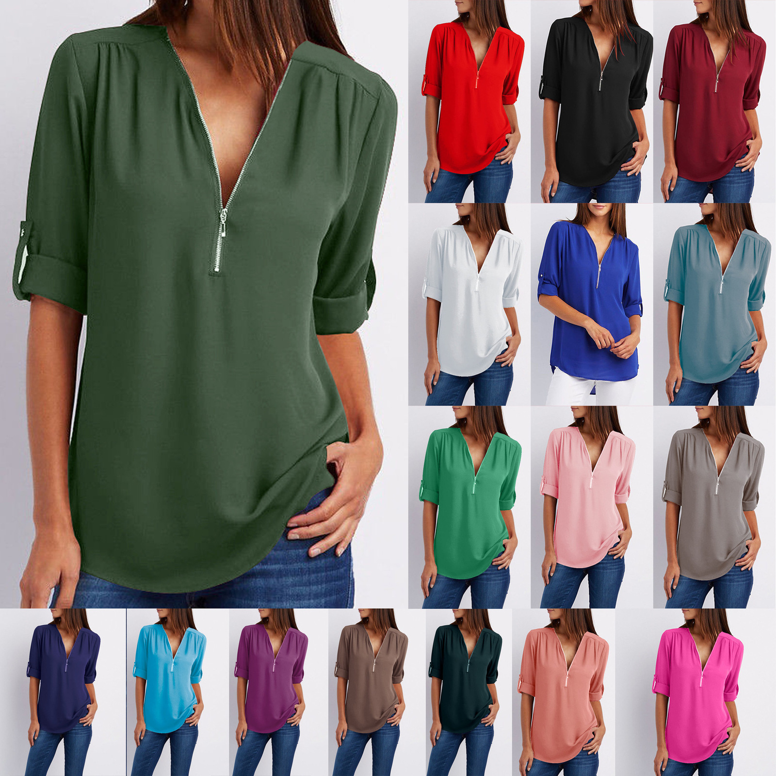 

Women' Blouses Shirts -5XL Ladies Loose Chiffon Shirt Multi Colors V-Neck Zipper Long-Sleeved Casual Basic White Black Blouse Shirt Tops Plus Size 230203