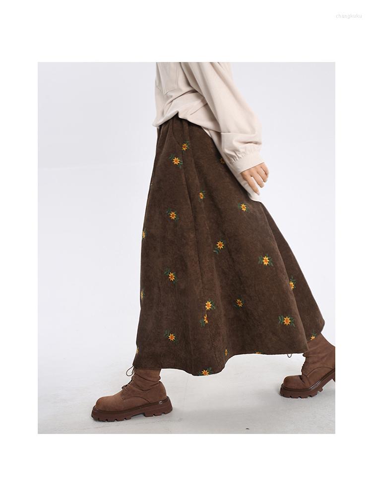 

Skirts Fashion High Waist Pleated Skirt Women Korean Elegant Corduroy Midi Lady Autumn Winter Thick Warm Embroidery, Blue