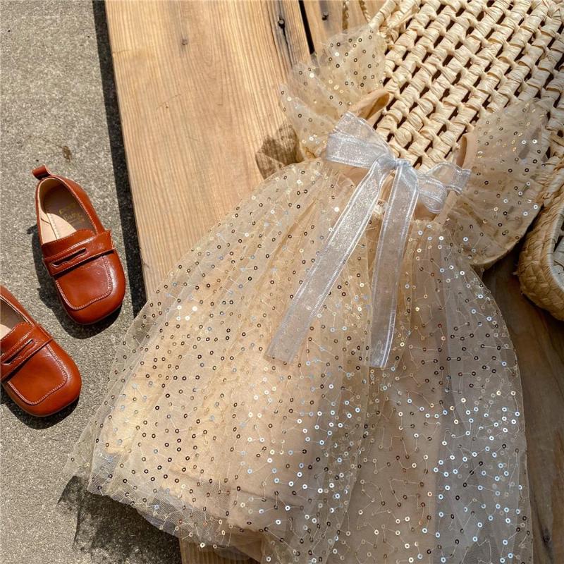 

Girl Dresses 2023 Summer Girls Dress Small Flying Sleeves Open Back Lace Mesh Princess Beach Dance Sequins Baby Kids Clothes, Cz2158 photo color