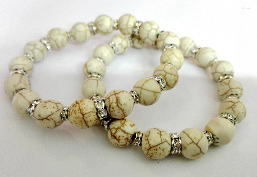 

Link Bracelets 6pcs Fashion Classic Stone Howlite Bracelet 10mm Round Beads With 8mm Clear Rhinestone Whell For Birthday Gift Charm