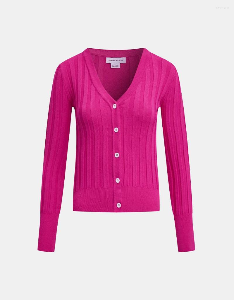 

Women's Knits Button Up Solid Rib Knit Cardigan, Red