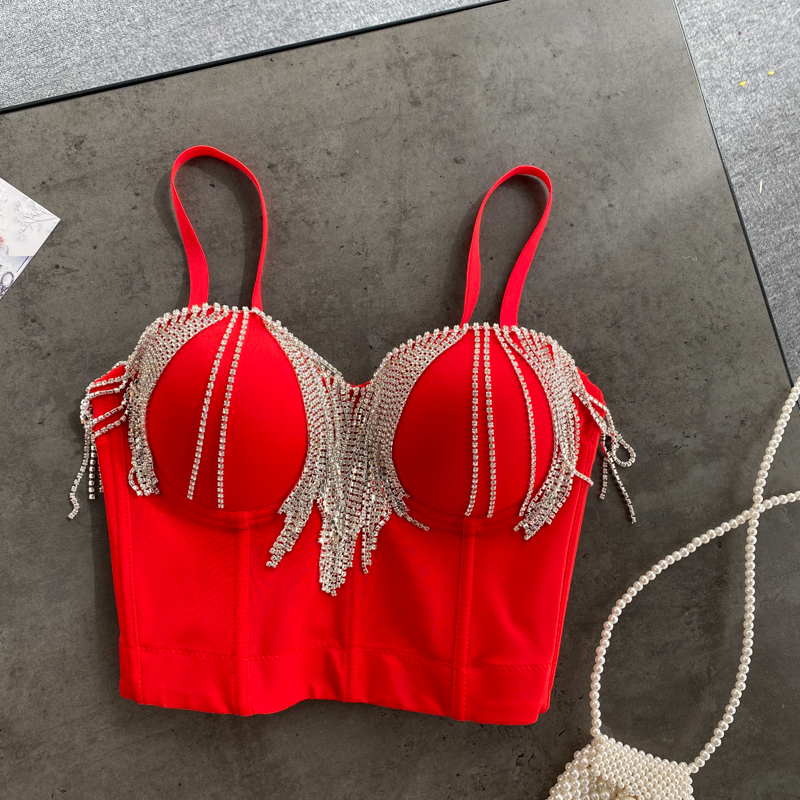 

Women' Tanks Cami Fashion Tassel Camisole Sexy Padded Nightclub Dance Sleeveless High Waist Bustier Crop Tops Q121 230203, Pink