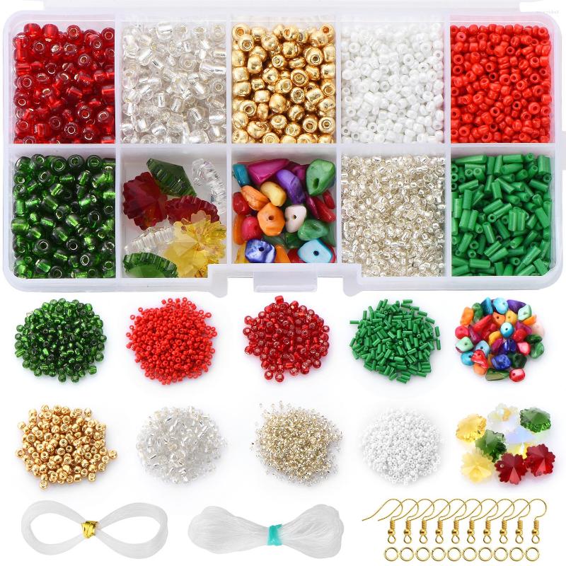 

Beads 4110Pcs Red/Green/Gold Glass Seed Mix Color Natural Gravel Metal Hooks Crystal Tube For DIY Christmas Ornament Gifts