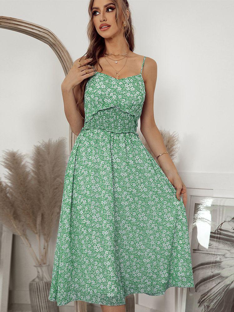 

Casual Dresses Ladies Vintage Print Summer Dress Women Sexy Backless Midi Ruffles Party Beach Sundress Female Robe Vestidos, Green