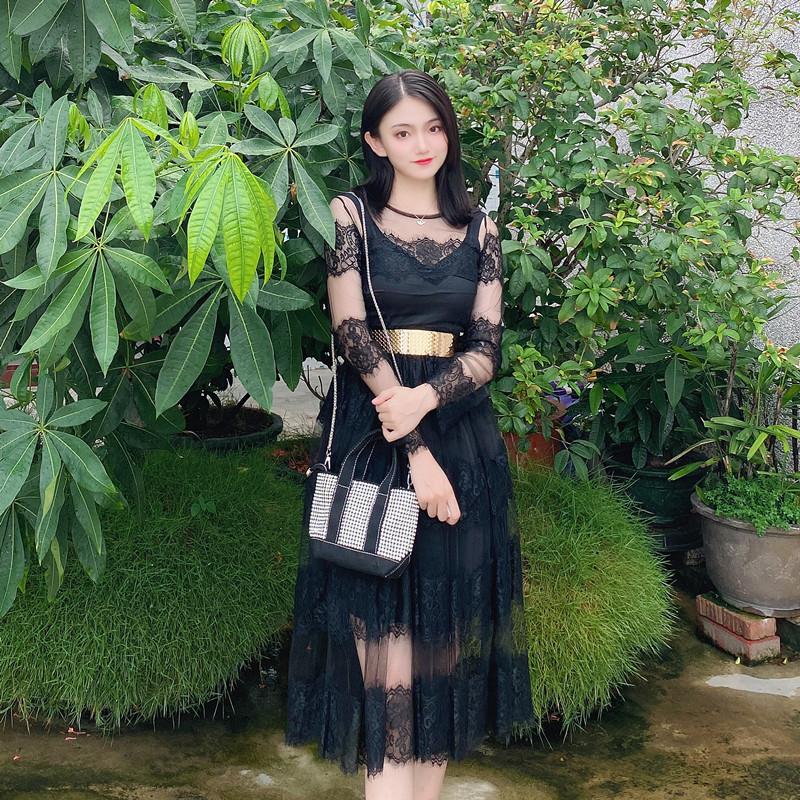 

Casual Dresses DALMAZZO Autumn Women Round Neck Lace Patchwork Mesh Embroidery Party Long Dress High Quality Lining Vestidos Mujer, Picture color