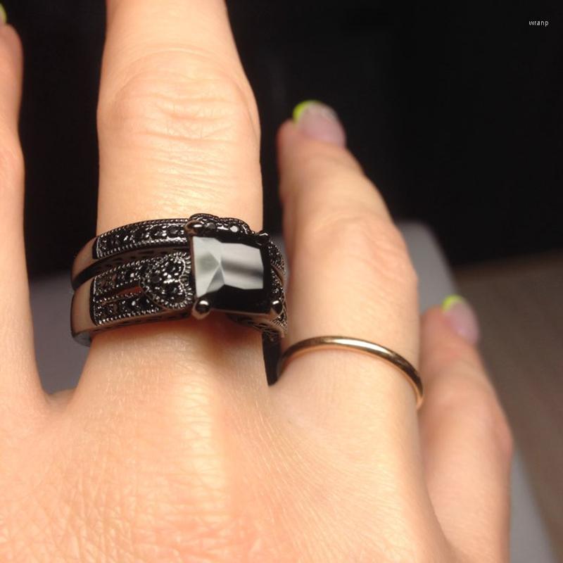 

Cluster Rings Punk Blcak Gold Color Ring Sets For Women Men Love Heart Square Cubic Zirconia Luxury Goth Jewelry Wholesale R612