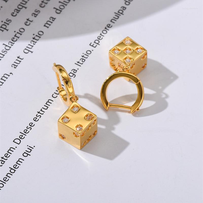 

Hoop Earrings Gold Color Dice Earring For Women 18K Plated Copper Zircons Geometric Square Ear Buckle Hiphop Punk Jewelry