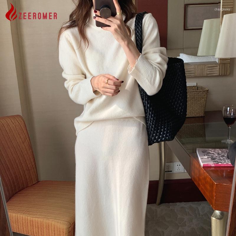 

Work Dresses 2023Korean Elegant Turtleneck Knit Skirt Sets Women Fashion Simple Loose Sweaters Pullover High Waist Long 2 Pcs, Photo color