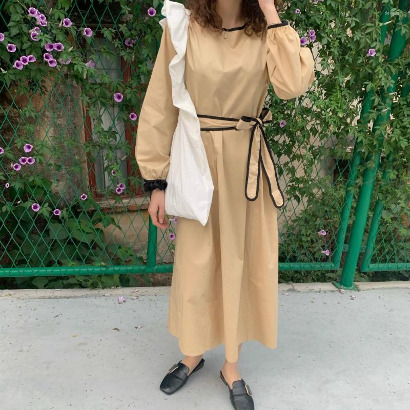 

Casual Dresses Women Summer Sweet Khaki Full Sleeve Long Dress Sashes Hemming High Waist Pullover Midi Sundress 2023