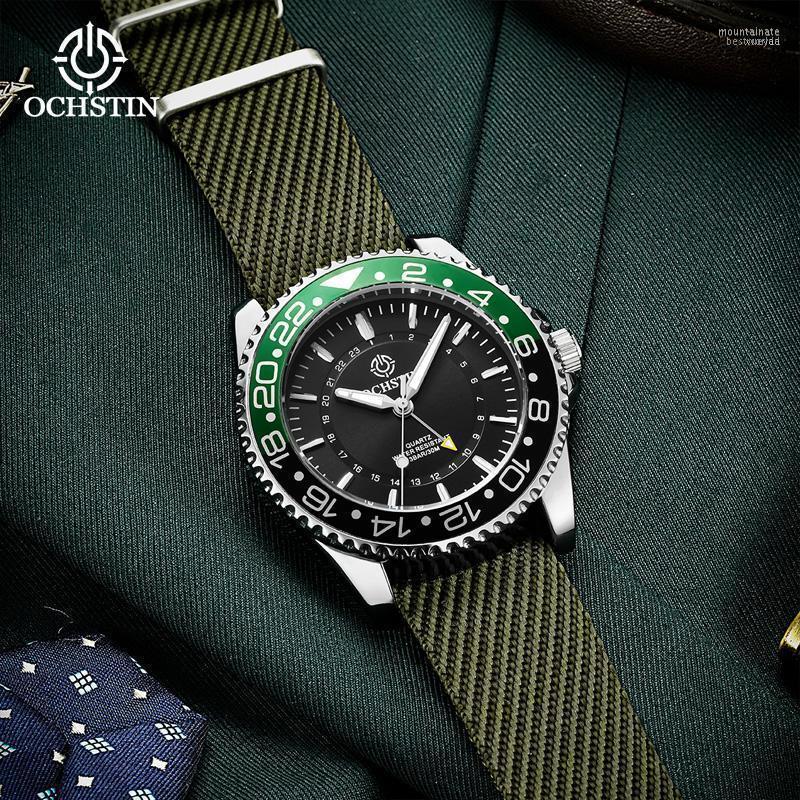 

Wristwatches OCHSTIN 2023 Quartz Watches Men Military Nylon Strap Casual Luxury Rotating Bezel 24-hour Dual Time Waterproof Male Sports Watc, Gold