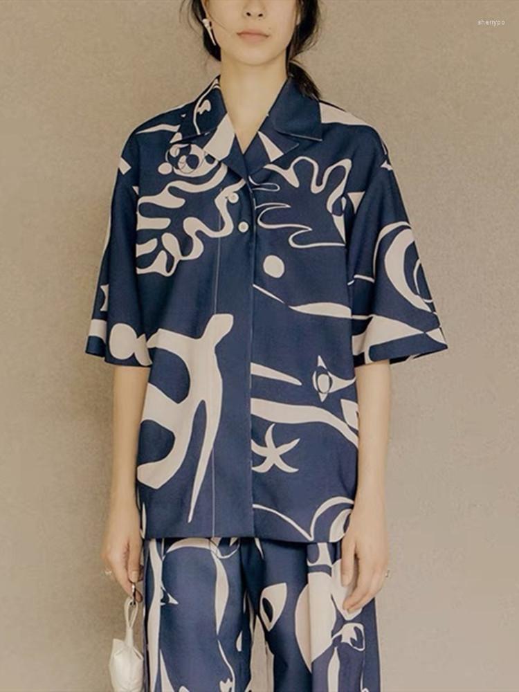 

Women's T Shirts Silk Women Abstract Ink Print Notched Shirt 2023 Vintage Half Sleeve Fashion Top Lady Single Breasted Blouses, Blouse