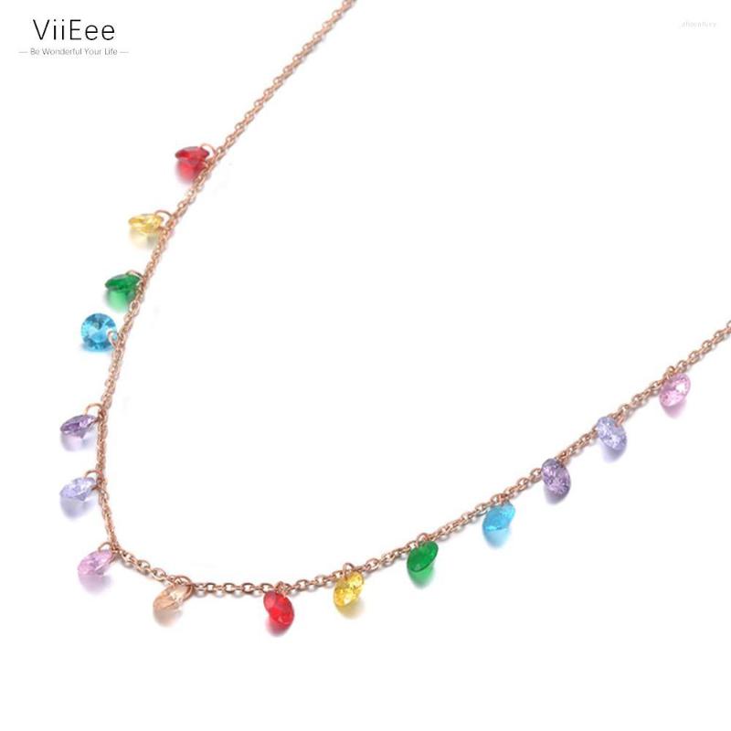 

Chains ViiEee Fashion Bohemia Stainless Steel Colorful CZ Crystal Choker Necklace Summer Beach Pendant For Women VN19125