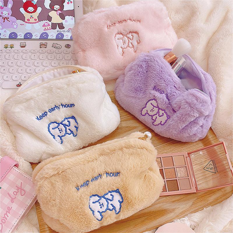 

Cosmetic Bags Korean Fashion Fur Makeup Bag Women Soft Travel Organizer Case Warm Winter Cartoon Dog Make Up 2023, Style a