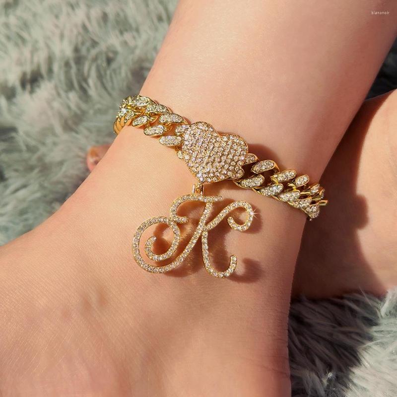 

Anklets Hip Hop A-Z Cursive Initial Letter Heart Crystal Bracelet For Women Bling Cuban Link Chain Leg Anklet Barefoot Jewelry