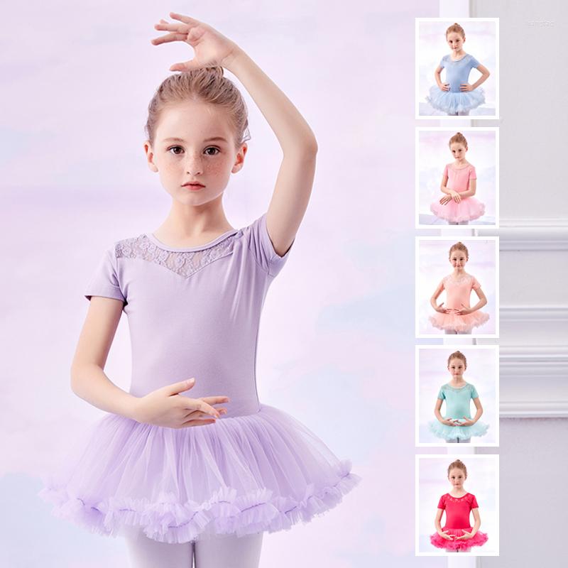 

Stage Wear Long Sleeve Ballet Dress With Tutu Girls Lace Leotard Little Princess Training Dancewear Clothing For, Lavender short