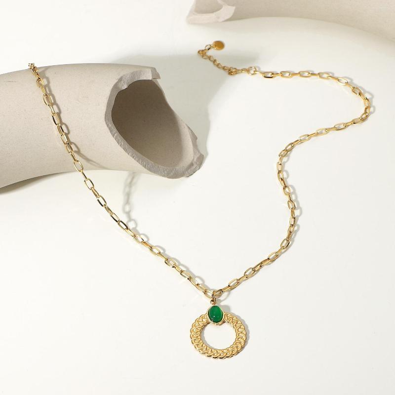 

Pendant Necklaces European And American Stainless Steel Necklace Twist Ring Green Agate INS Fashion Retro Chain Men's