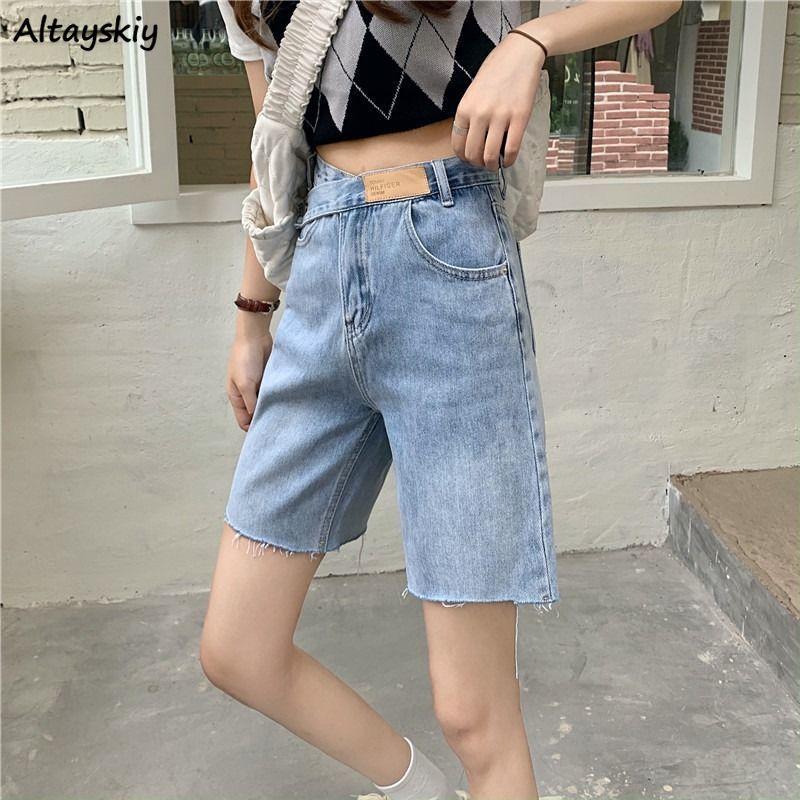 

Women' Shorts Women Denim Blue Summer Asymmetrical Knee Length Distressed High Waist Straight Casual Teens Streetwear Korean Stylish BF