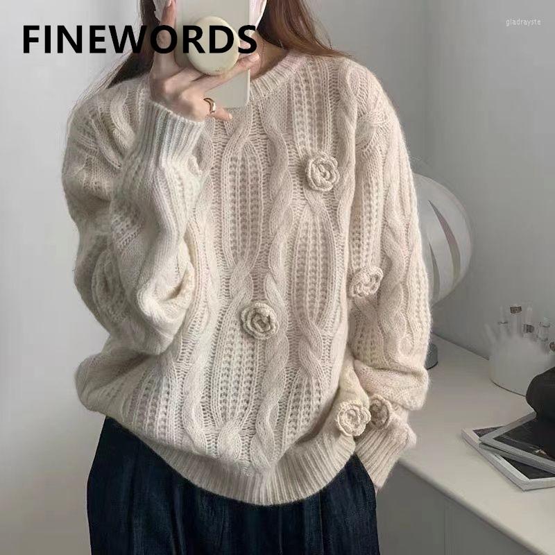 

Women's Sweaters FIORDS Long Sleeve O Neck Rose Knitted Sweater Korean Casual Vintage Winter Pullover Streetwear Solid Harajuku, Beige