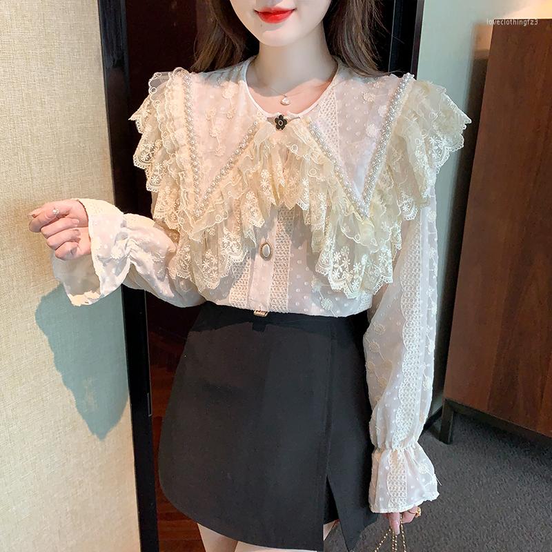 

Women' Blouses 2023 Pattern Embroidery Chiffon Jacquard Lace Doll Collar Single Breasted Ruffle Shirt, Picture color