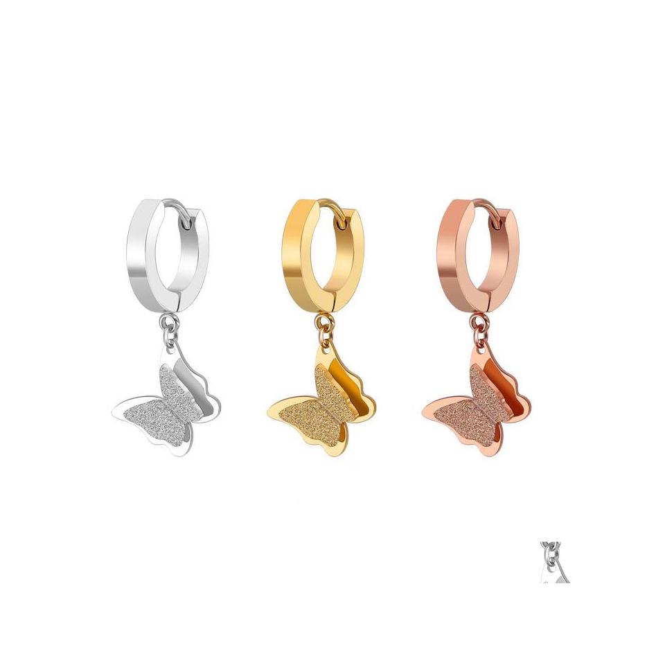 

Hoop Huggie Stainless Steel Rose Gold Butterfly Earrings For Women Fashion Jewelry Double Matte Hie Pendants Gift 1 Pair Drop Deliv Oteth