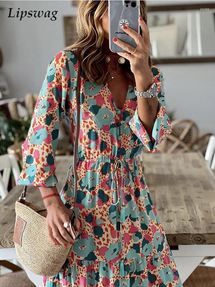 

Casual Dresses Women 2023 Summer Elegant Pattern Print Party Dress Fashion 3/4 Sleeve Beach Office Lady Tie-up Tassel Long, 01 print