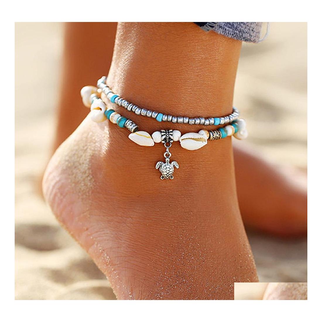 

Anklets Fashion Jewelry Vintage Turtle Pendant Charms Anklet Shell Beads Double Layer Beaded Ankle Bracelet Drop Delivery Dhnvf