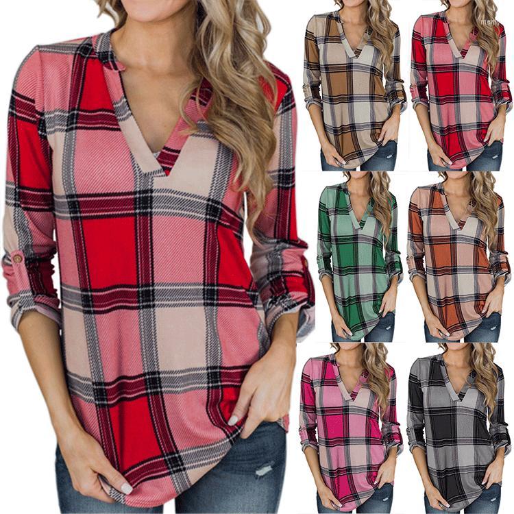 

Women' T Shirts 2023 Summer Women' Plaid Print V-neck Long Sleeve T-shirt, Purple