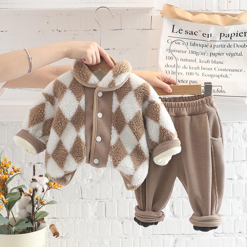 

Clothing Sets Kids Warm Plush Coats Pants For Baby Boys Girls Autumn Winter Children Outdoor Clothes Thicken Infant Outfits, Khaki