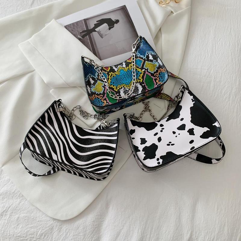 

Evening Bags Retro Unique Women's Bag PU Leather Animal Pattern Printing Shoulder Underarm Casual Ladies Chain Small Hobos Handbags, Cow