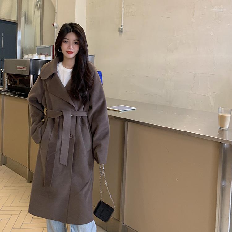 

Women's T Shirts GBB1102 Thickened Woolen Coat Korean Version 2023 Loose Fashion Medium Long Lapel Warm, Black